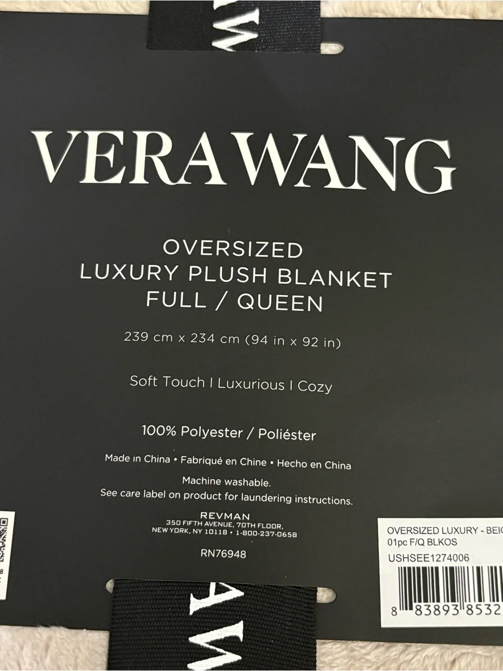 Vera Wang Luxury Plush Oversized Throw Blanket in Beige Full/Queen
